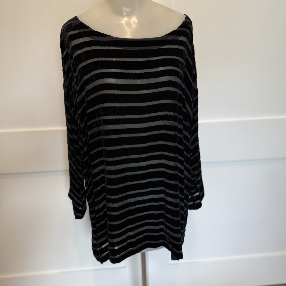 Eileen Fisher Black Velvet Burnout Sheer Stripe Top Tunic LG Minimalist Capsule